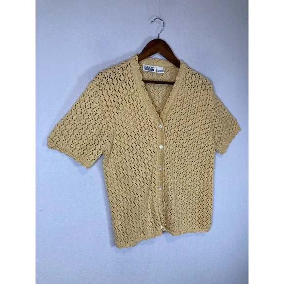 Vintage Basic Editions Women Large Yellow Crochet Knit Short Sleeve Cardigan - Picture 8 of 8